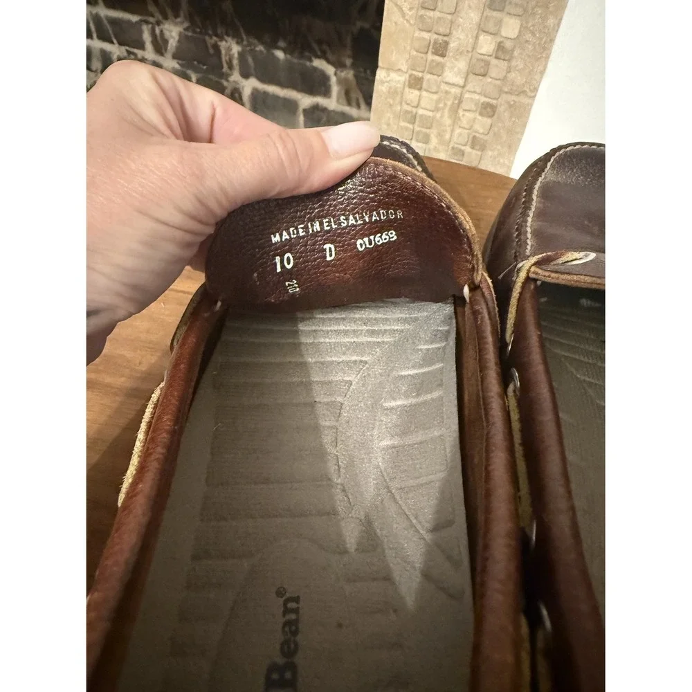 L.L.Bean Boat Mocs Moccasins Men's 10 D Brown Pebbled Leather Shoes EUC